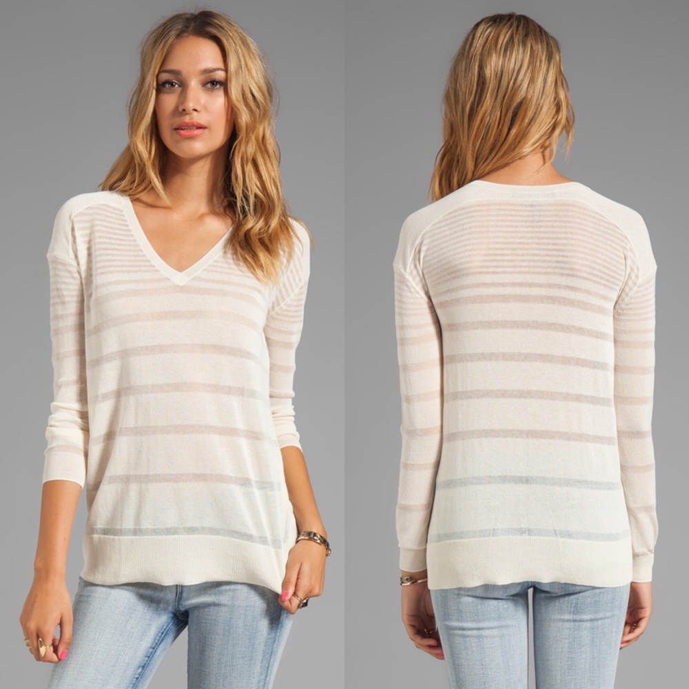 Long Sleeve Sheer Striped Sweater in Bone
